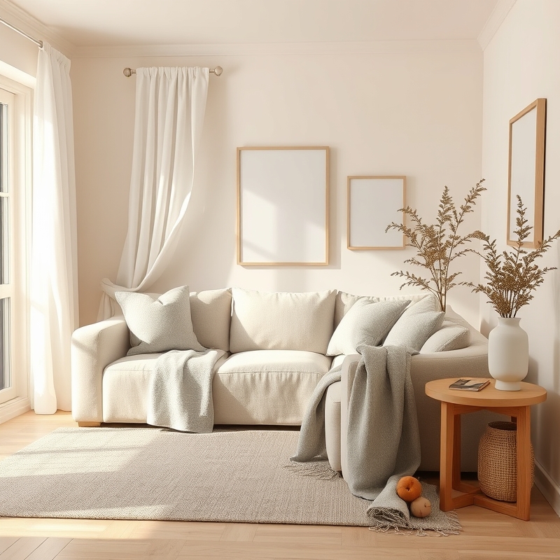 Small living room in cream, beige, and soft gray with textured furnishings