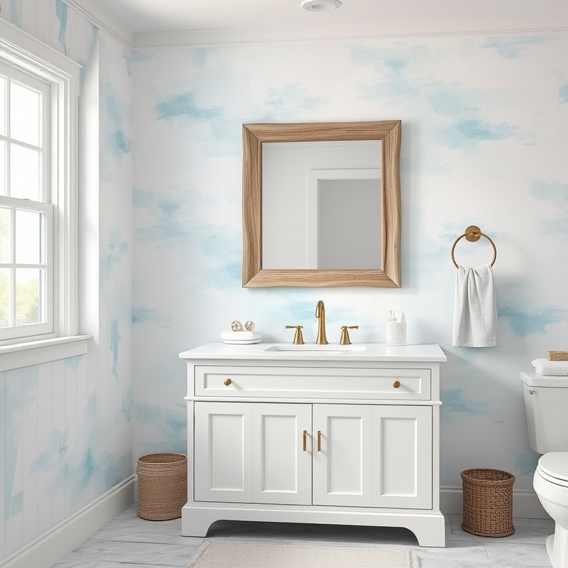 Bathroom with soft watercolor wallpaper in coastal blue and white tones