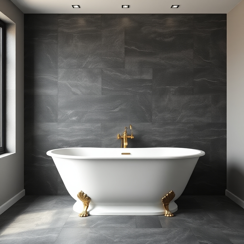 Dark slate tile accent wall behind white bathtub