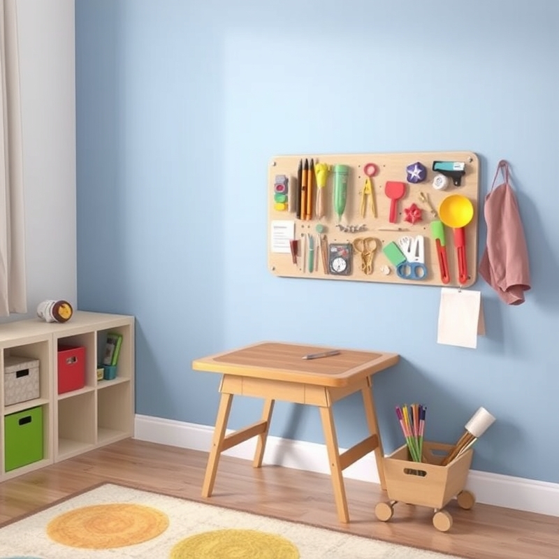 Wall-mounted fold-down art table in raised position