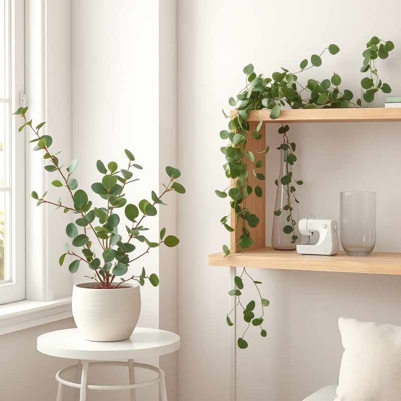 Potted eucalyptus plant and hanging greenery in sewing room corner