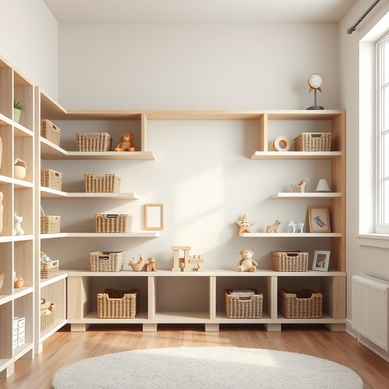Child-height wooden shelving with organized toy bins
