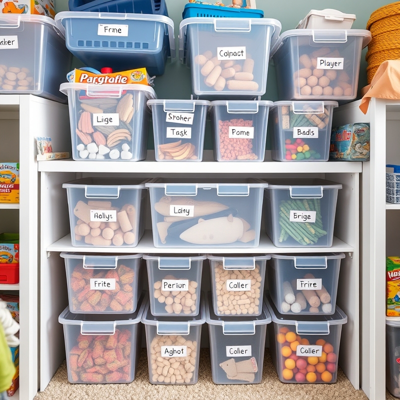 Clear plastic bins with colorful labels organized on shelves
