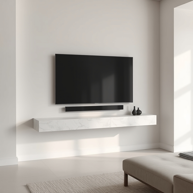 TV mounted above floating stone shelf in living room