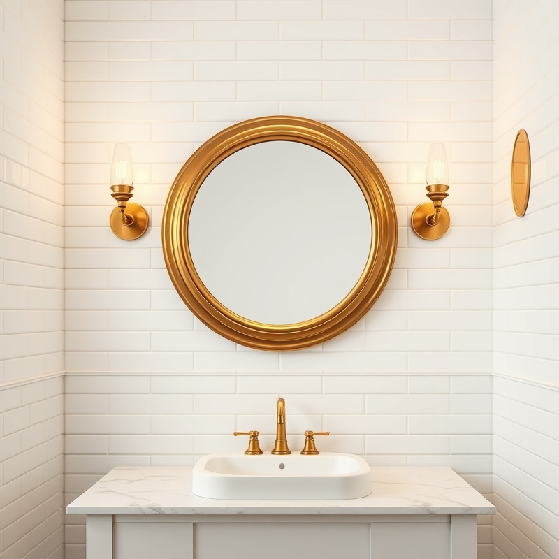 Pair of brass wall sconces flanking a circular mirror above bathroom vanity