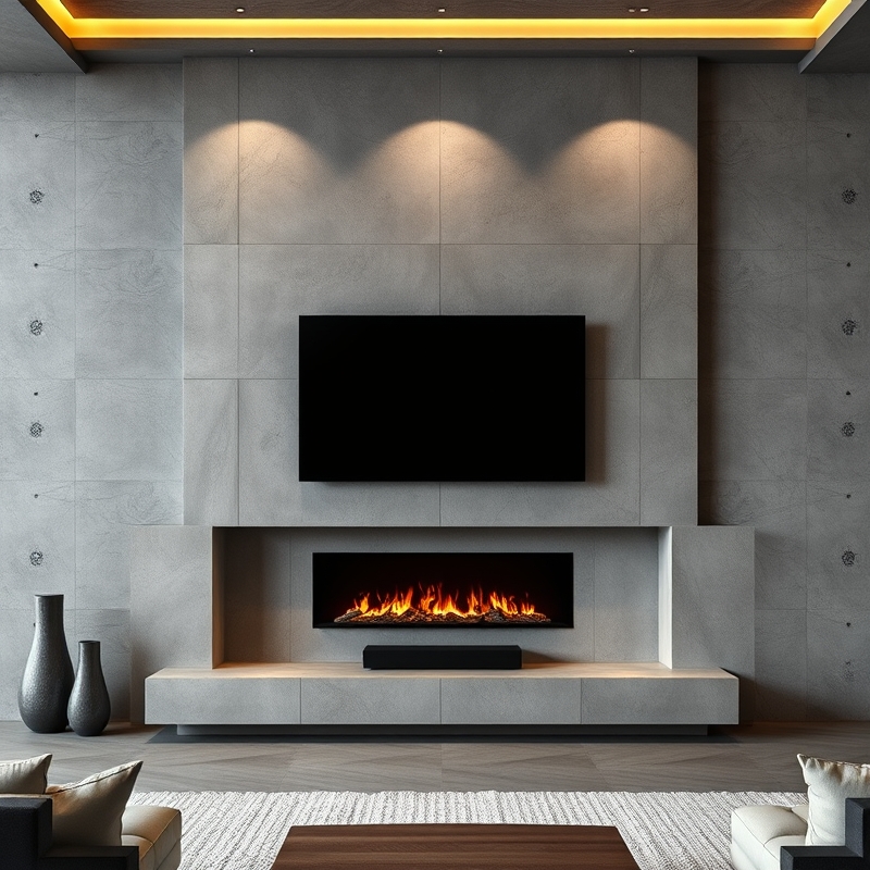 Industrial concrete panel fireplace wall with soundbar