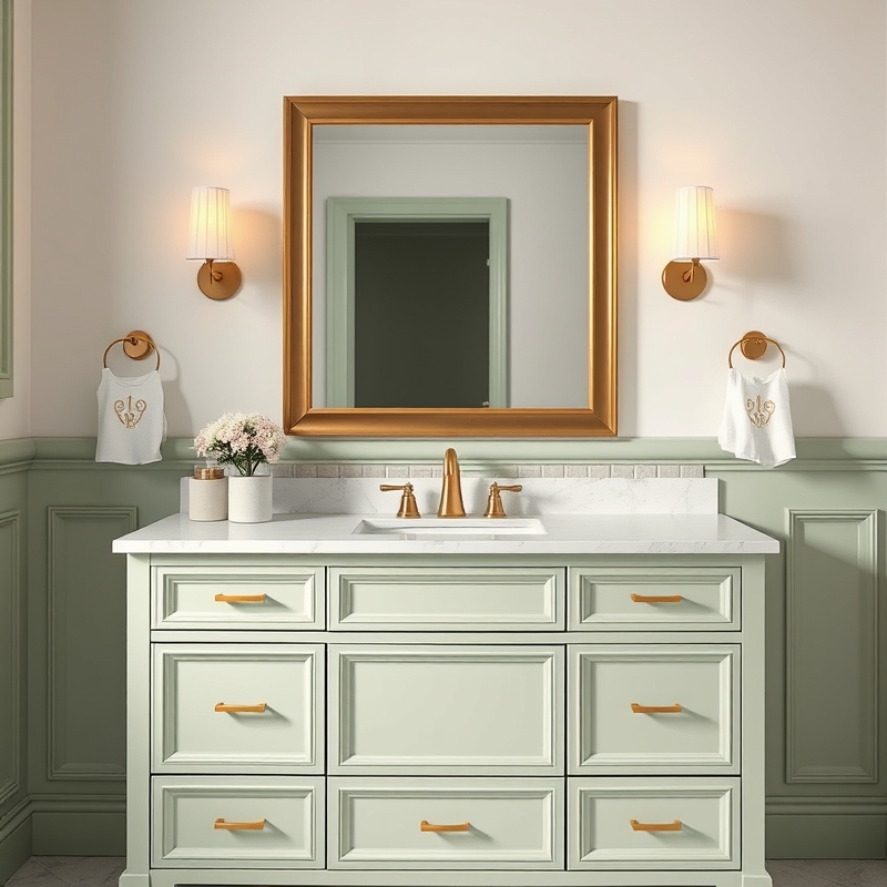 Bathroom vanity painted sage green with brass drawer pulls and handles