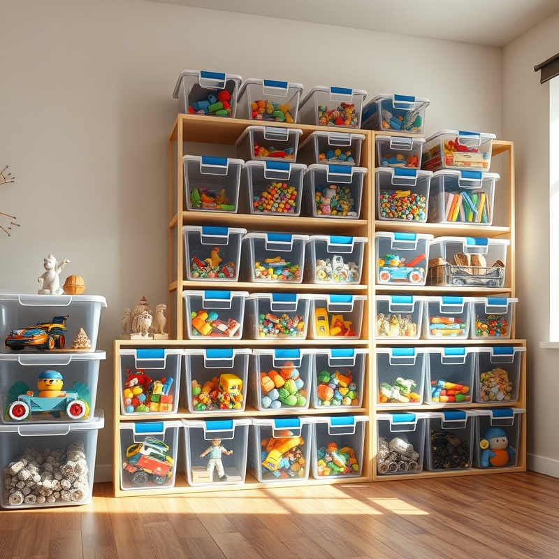 Transparent plastic bins showing organized toy contents