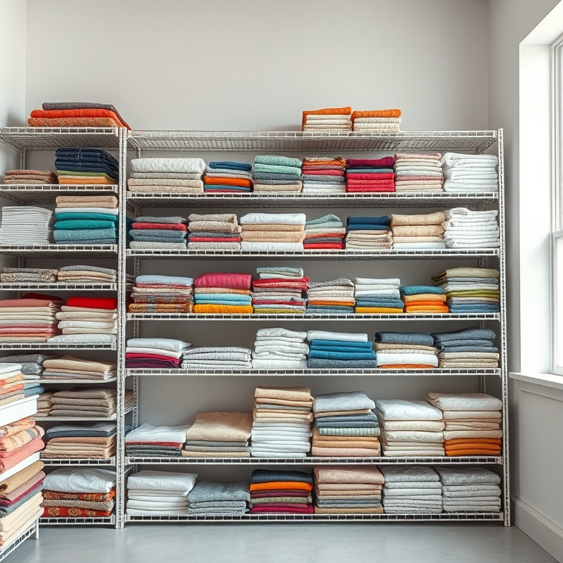 Wall of white shelves stacked with neatly folded fabric bolts and colors