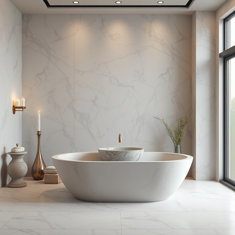 Luxurious bathroom with marble-effect wallpaper creating spa ambiance