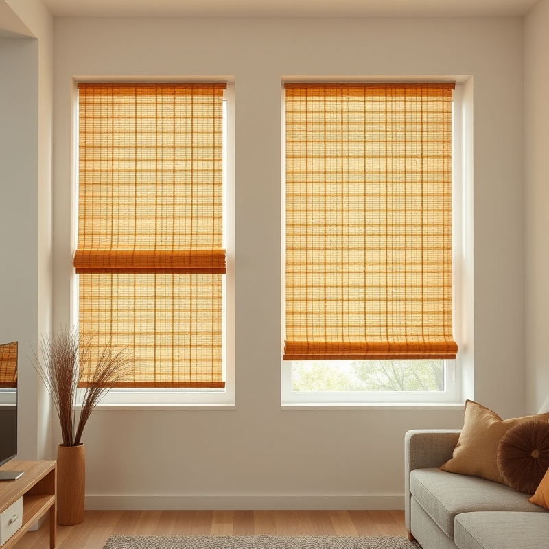 Natural woven bamboo roman shades on apartment windows