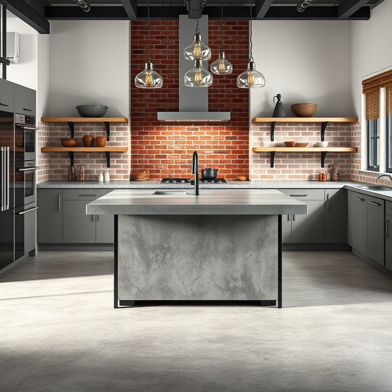 Raw concrete island countertop with steel base and exposed brick background
