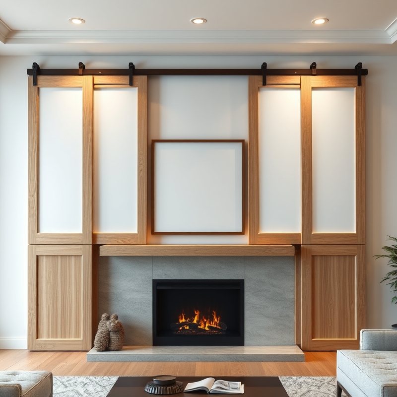Sliding wooden panels concealing television