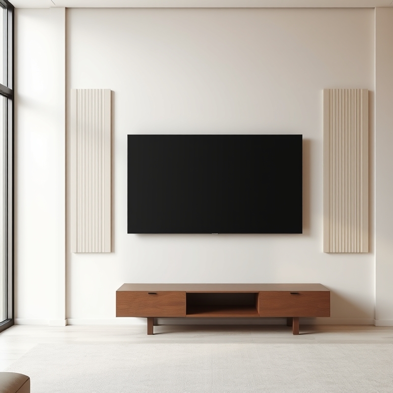 Television wall with frosted fluted glass panels on either side