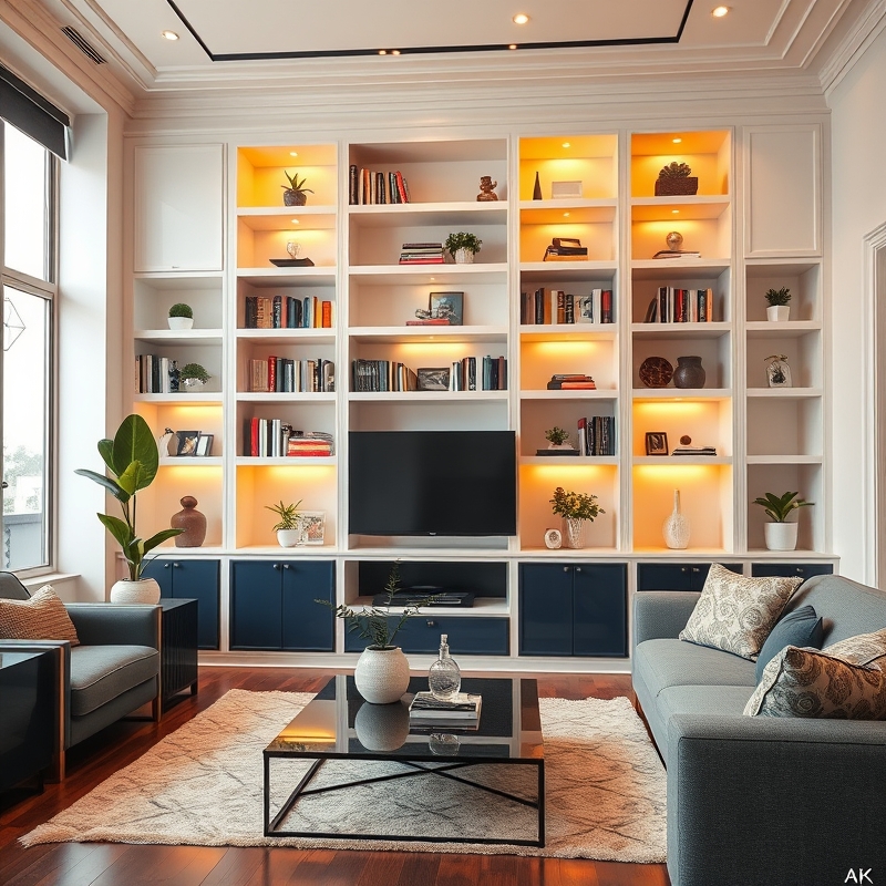 Glossy painted built-in bookcases reflecting light in apartment