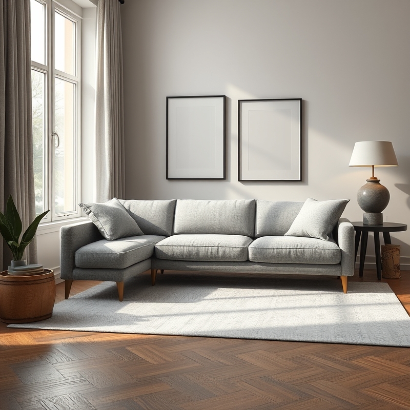 Modern sofa with narrow frame and thin metal legs in small living room