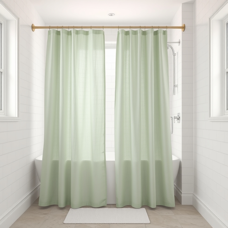 Bathroom shower enclosed with soft sage green linen curtain