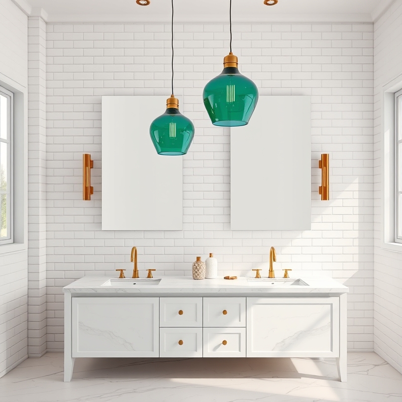 Two colorful glass pendant lights hanging above double bathroom vanity