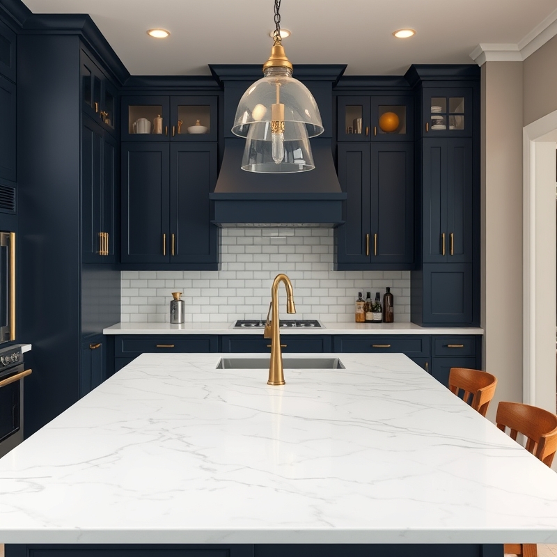 Deep navy painted island with polished brass knobs and white marble top