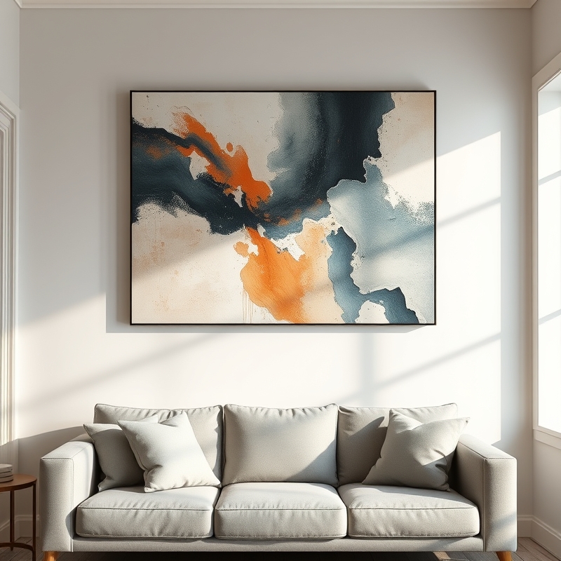 Bold abstract painting in jewel tones hanging above neutral sofa