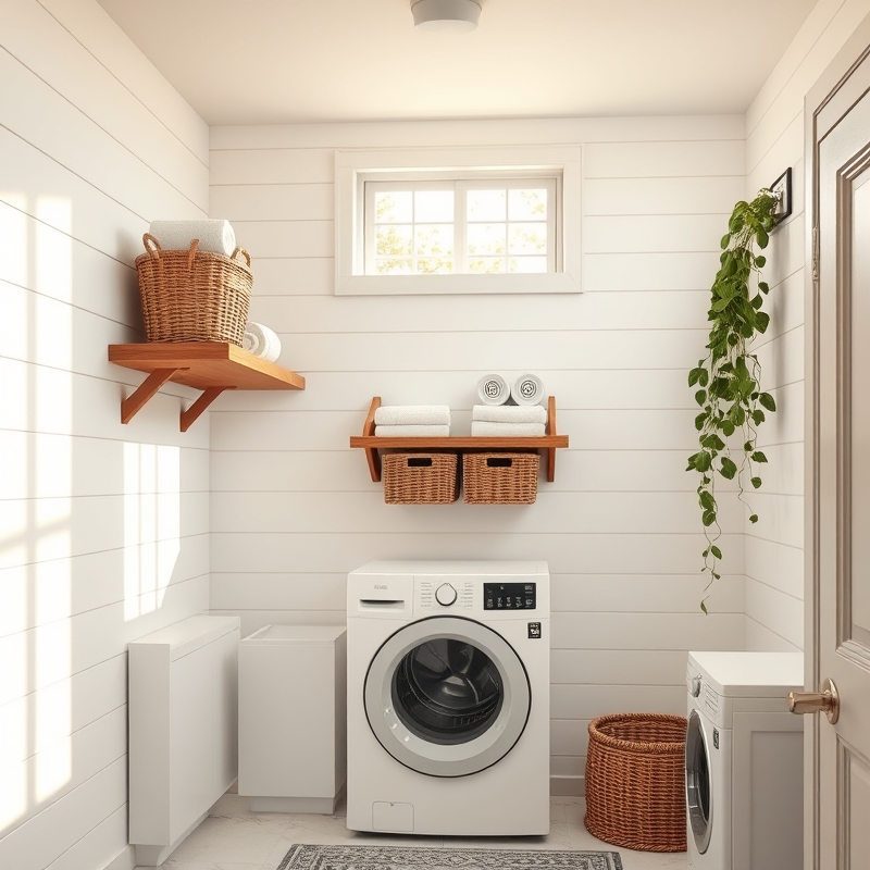 White painted faux shiplap wall behind folding station