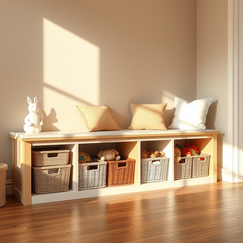 Wooden bench with woven baskets stored underneath
