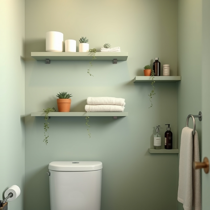 Bathroom wall with sage green floating shelves displaying bath products and plants