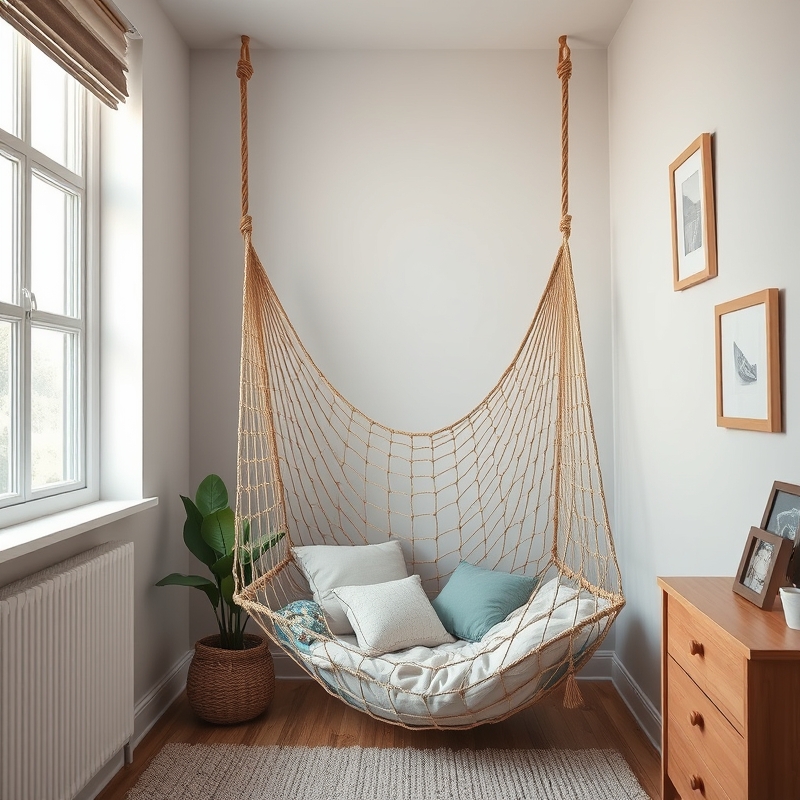 Rope cargo net hung in bedroom corner as seating