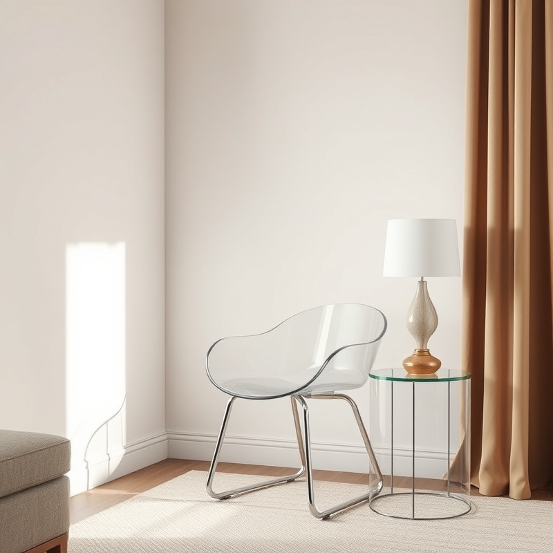 Transparent acrylic chair and side table in minimalist small living room
