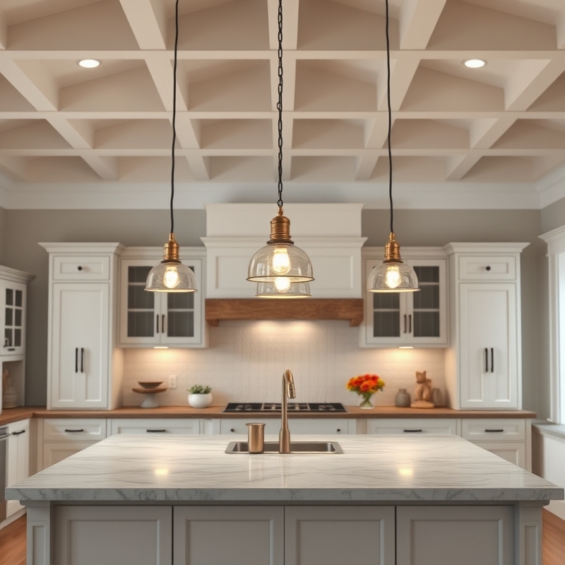 Three matching pendant lights hanging over a long kitchen island