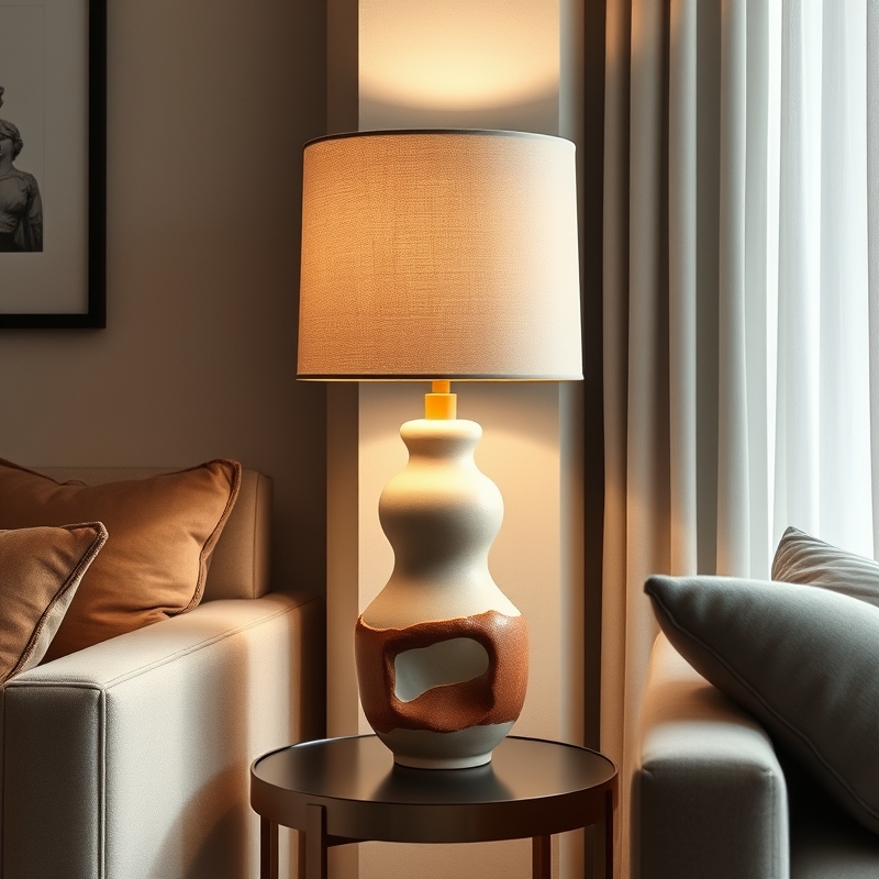 Sculptural ceramic table lamp with linen shade