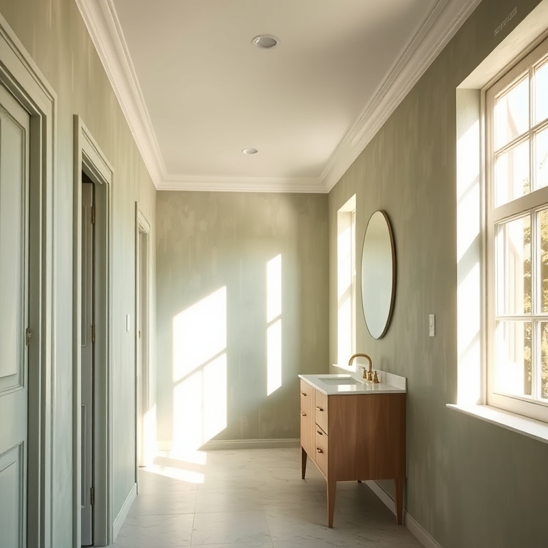 Bathroom walls painted sage green limewash with natural texture