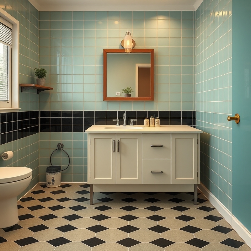 Bathroom floor with vintage sage green and black patterned retro tiles