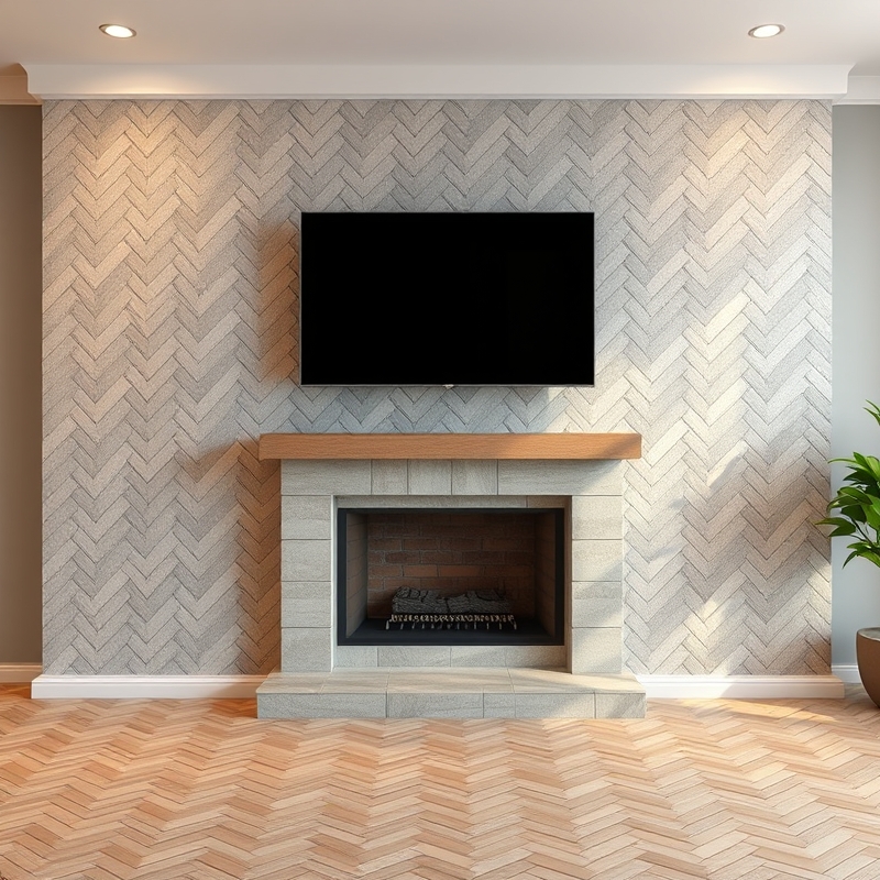 Herringbone pattern tile behind fireplace and TV