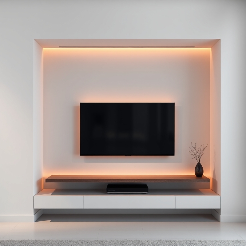 TV mounted in wall recess with shadow gap lighting detail