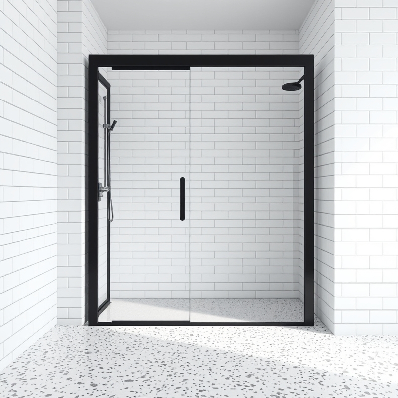 Matte black framed shower enclosure over speckled terrazzo floor tile