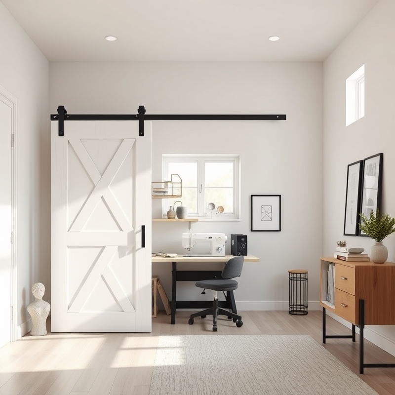 White sliding barn door concealing sewing room area in multipurpose bedroom