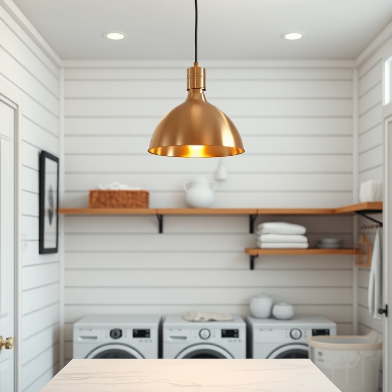 Modern brass pendant light hanging above laundry room countertop