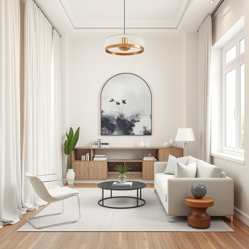 Bright small living room with designer furniture and curated decor