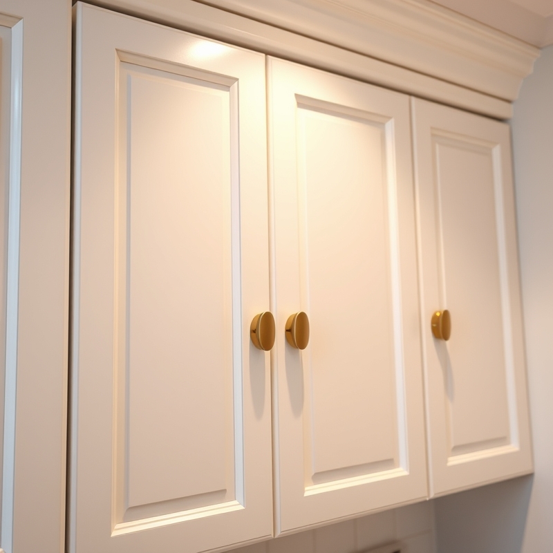 Brushed brass cabinet pulls on white painted cabinets