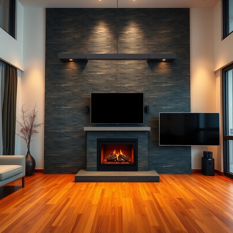 Dark slate wall with fireplace and TV arrangement