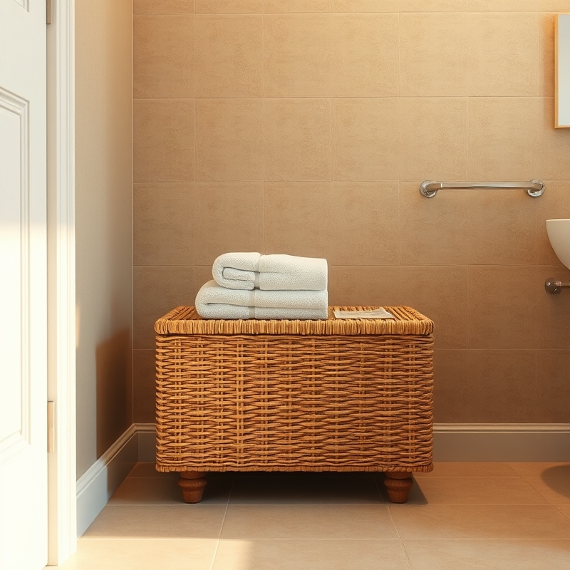 Woven seagrass storage trunk used as bathroom stool