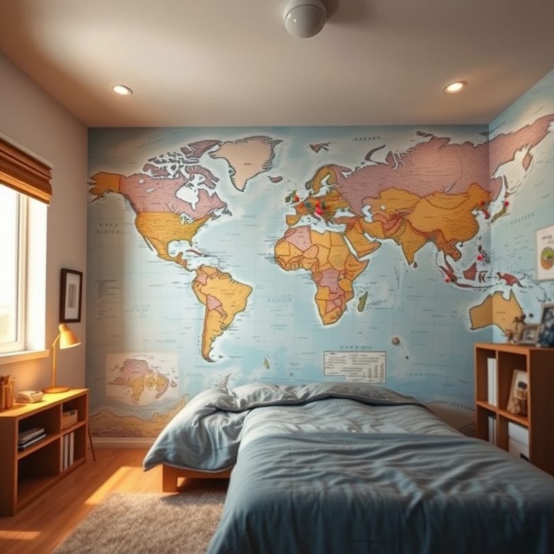 Full wall map wallpaper with colorful destination pins