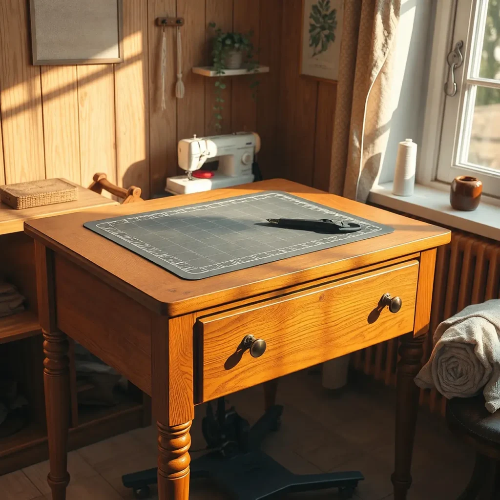 Wooden vintage desk converted into a sewing cutting table with rotary cutter