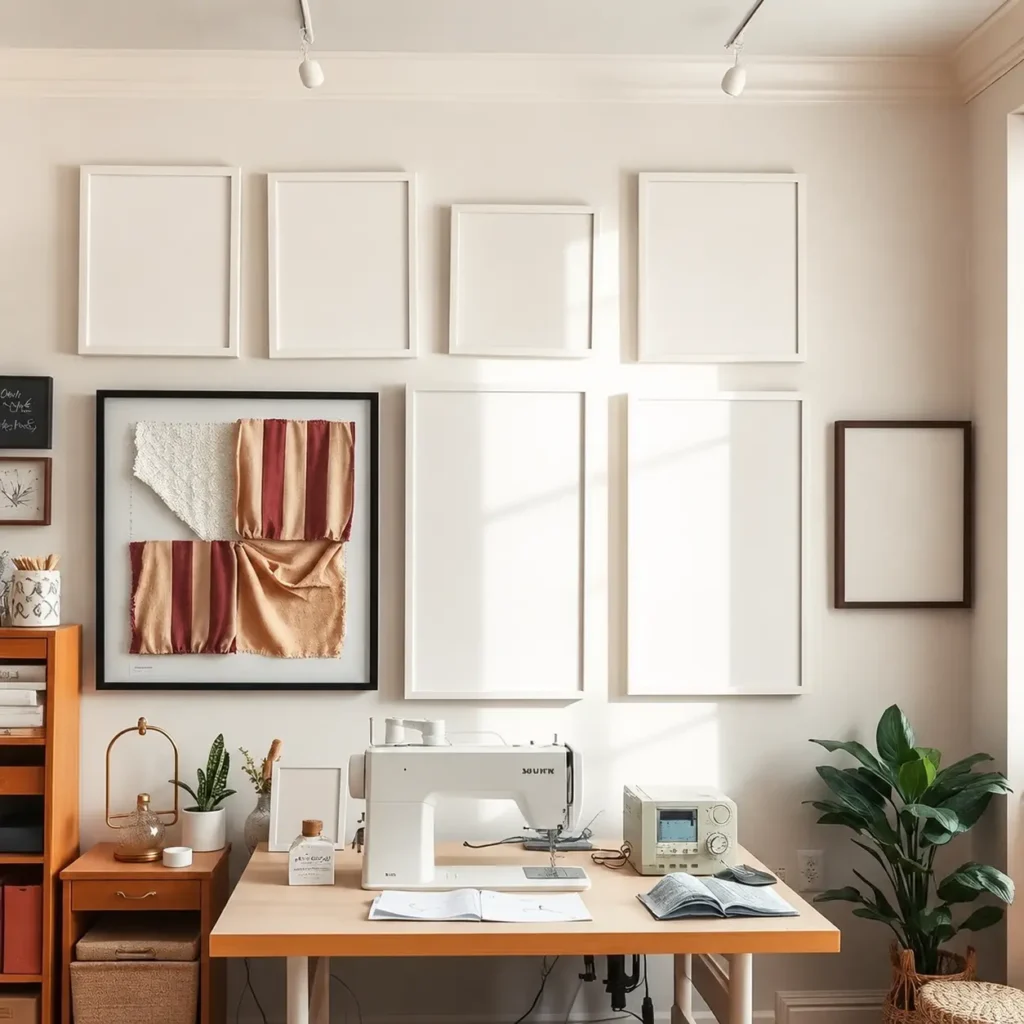 Wall displaying framed photographs and fabric swatches of completed sewing projects