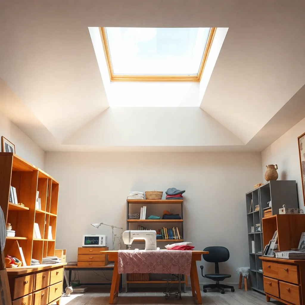 Bright sewing room with natural light streaming through installed skylight