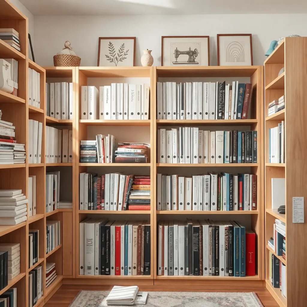 Wooden bookshelf organized with sewing patterns, folders, and design books