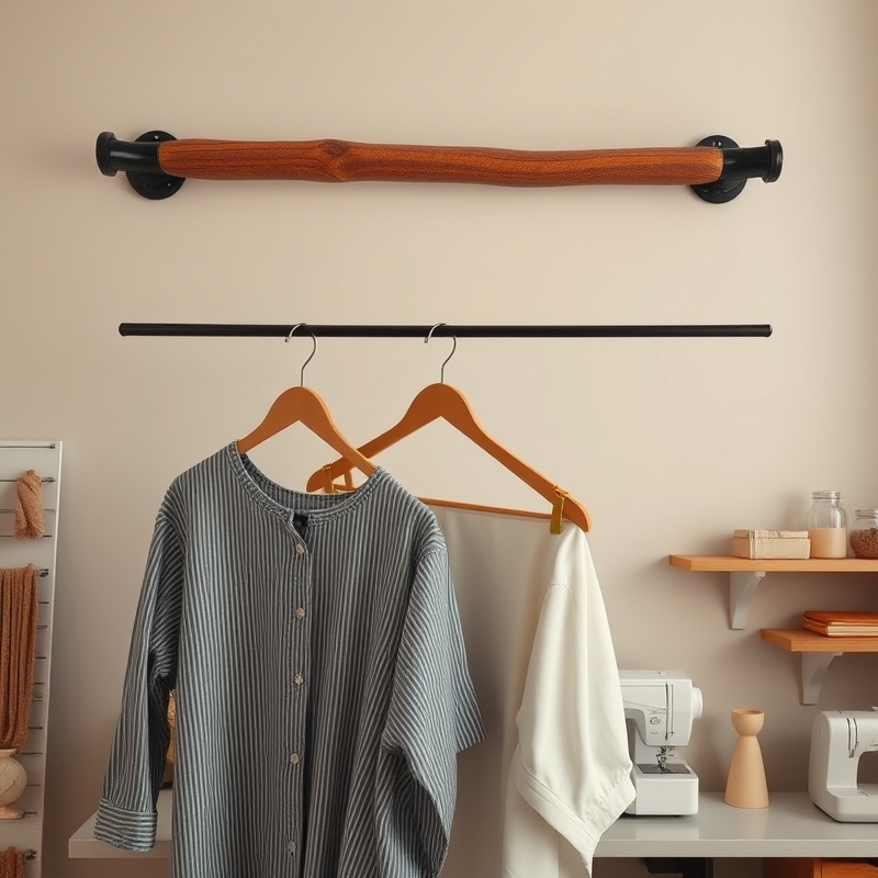 Wooden hanging rod with work-in-progress garments and fabric pieces clipped on