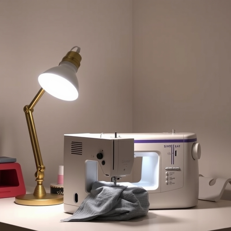 Sewing machine with adjustable brass task lamp providing focused bright light