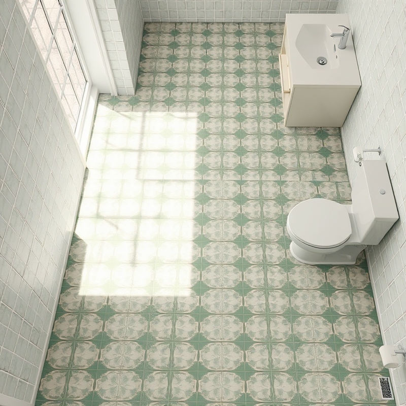 Bathroom floor with geometric sage green and white tile pattern